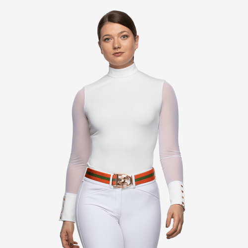 White Anna Klose long sleeve competition shirt for equestrian women made of elastic jersey with stand-up collar