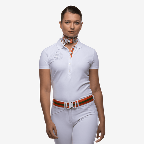 Luxurious white polo shirt made of cotton with a silver logo from the brand Anna Klose Hamburg