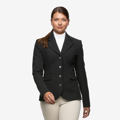 Black Anna Klose competition jacket for equestrian women with silver logo buttons