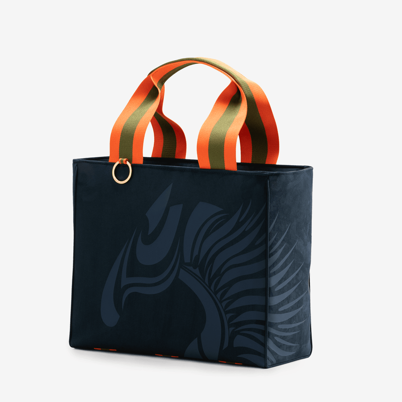 Horse riding equipment bag made of dark blue vegan leather with blue logo horse of the brand Anna Klose Hamburg