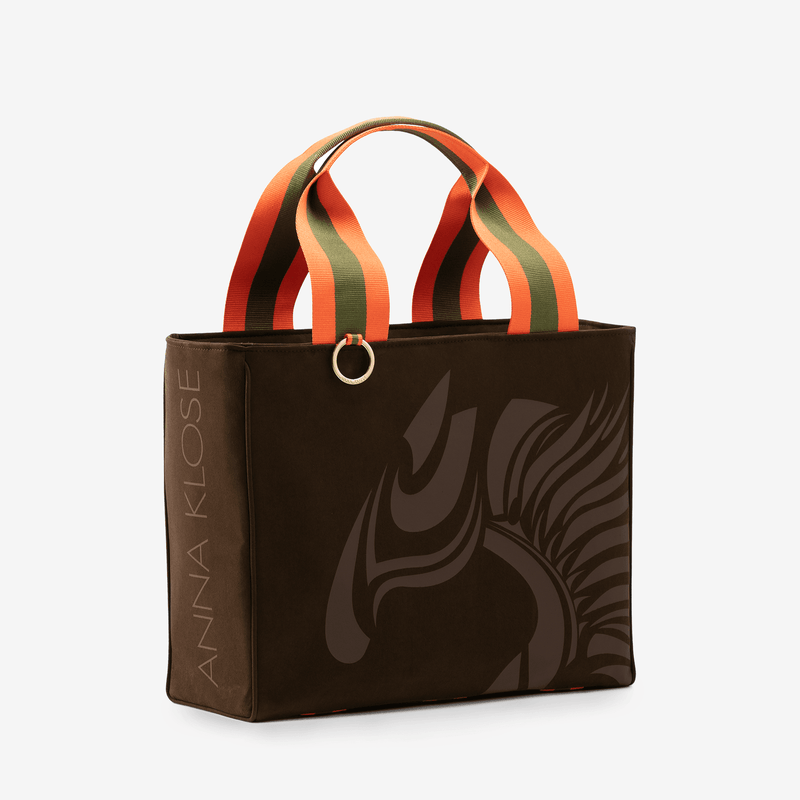 Horse riding equipment bag made of brown vegan leather with brown logo and Anna Klose lettering