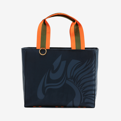 Two horse riding equipment bags made of dark blue vegan leather with blue logo by Anna Klose Hamburg