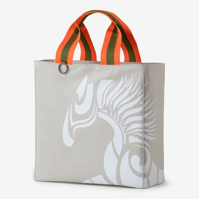Horse riding equipment bag made of light beige vegan leather with white logo and Anna Klose lettering