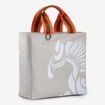 Horse riding equipment bag made of light beige vegan leather with white logo horse of the brand Anna Klose Hamburg