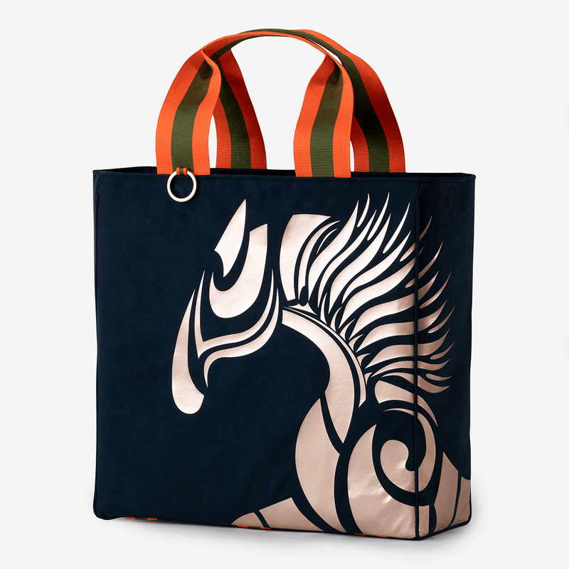 Horse riding equipment bag made of blue vegan leather with rose golden logo horse of the brand Anna Klose Hamburg