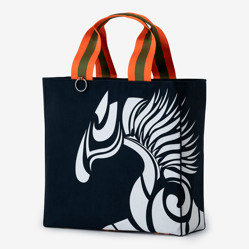 Horse riding equipment bag made of blue vegan leather with white logo horse of the brand Anna Klose Hamburg