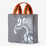 Horse riding equipment bag made of light gray vegan leather with silver logo horse of the brand Anna Klose Hamburg