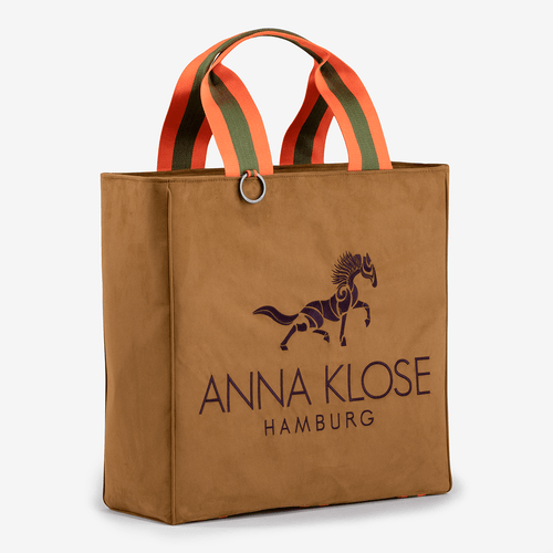 Horse riding equipment bag made brown of vegan leather with dark embroidered logo horse of the brand Anna Klose Hamburg