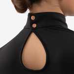 Close-up of neck closure of black competition shirt for equestrian women with rose golden Anna Klose logo buttons