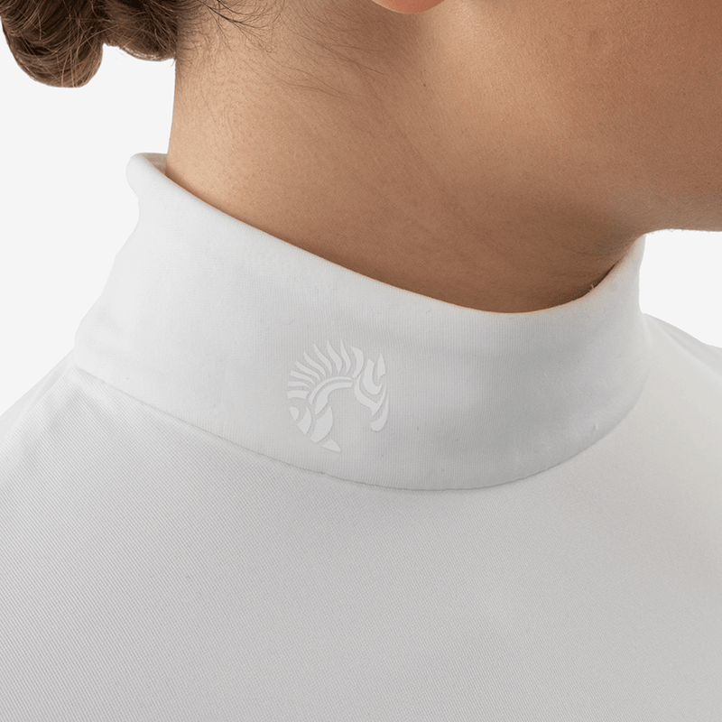 White long sleeve competition shirt for equestrian women with Anna Klose horse logo on stand-up collar