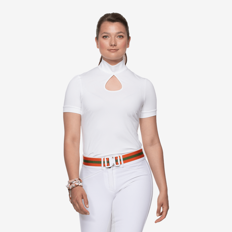 White Anna Klose short sleeve competition shirt for equestrian women made of elastic jersey with stand-up collar