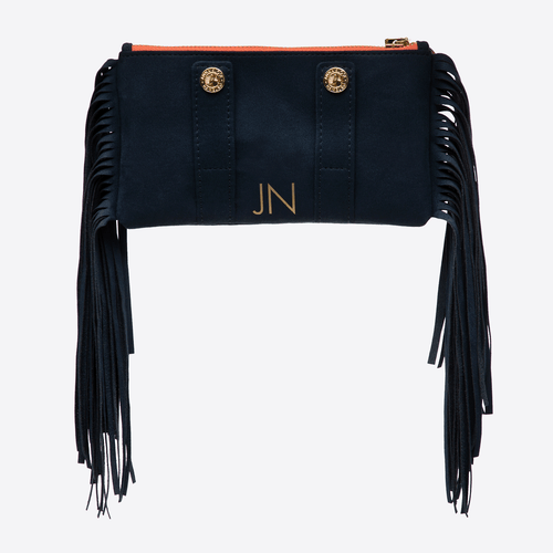 Luxury dark blue vegan leather belt bag with fringes and golden personalized initials