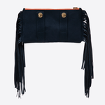 Luxury dark blue vegan leather belt bag with fringes and belt attachment loops and golden Anna Klose logo buttons