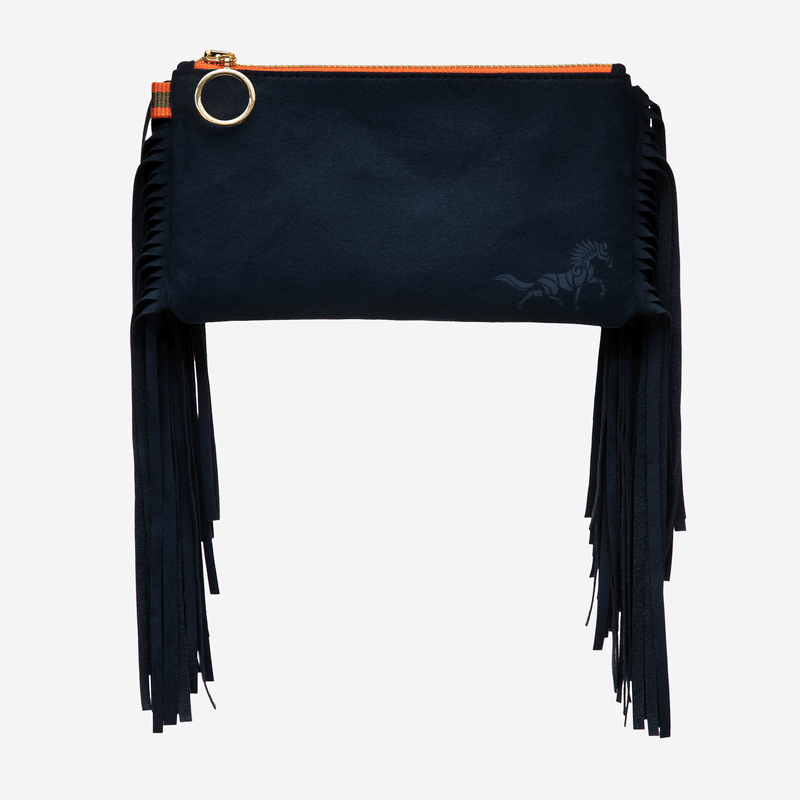 Luxury dark blue vegan leather belt bag with fringes and blue Anna Klose horse logo