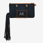Luxury dark blue vegan leather belt bag with ponytail fringes and white personalized initials