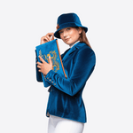 Anna Klose bucket hat in Hamptons blue tech velvet with matching riding jacket and handbag