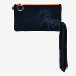 Luxury dark blue vegan leather belt bag with ponytail fringes and blue Anna Klose horse logo