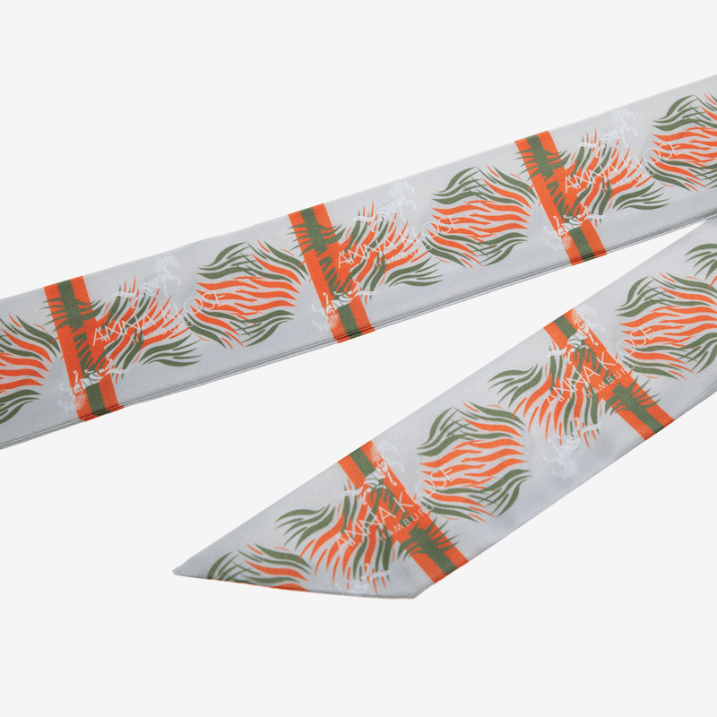 Anna Klose satin twilly band with design print, logo horse and lettering