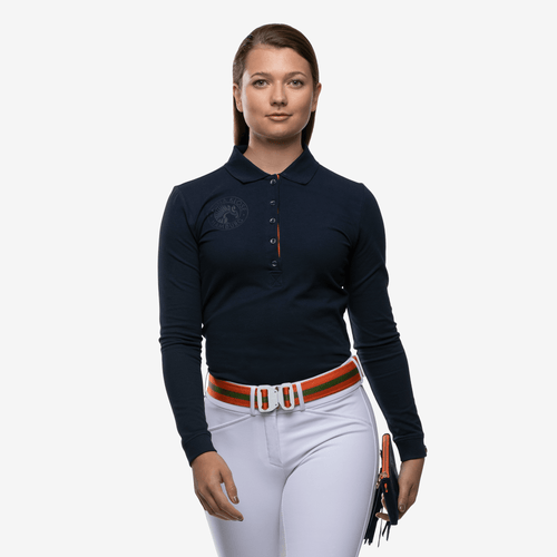 Luxurious dark blue long-sleeved polo shirt made of cotton with a blue logo from the brand Anna Klose Hamburg