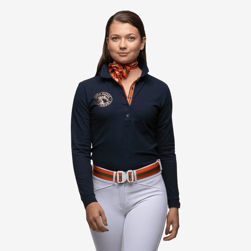 Luxurious blue long-sleeved polo shirt made of cotton with a golden logo from the brand Anna Klose Hamburg