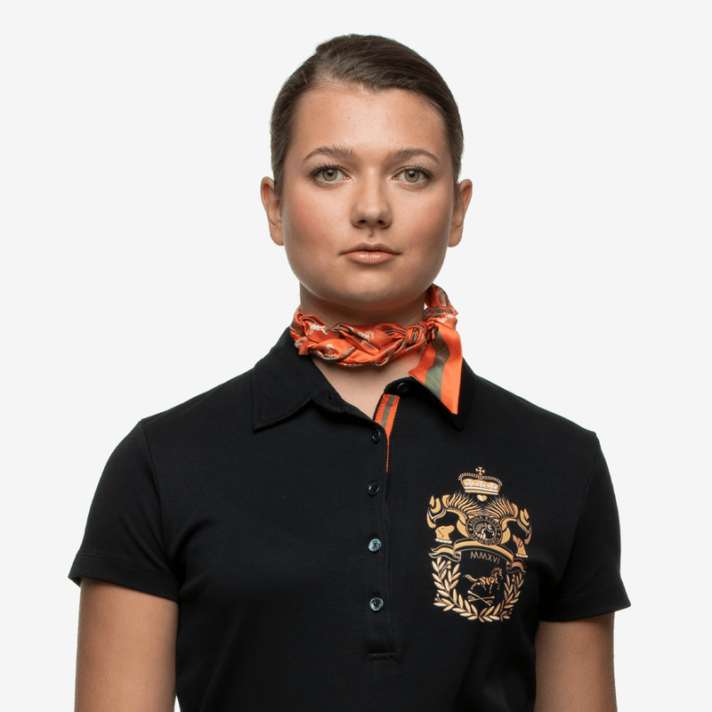 Anna Klose twilly band of satin in the brand colors orange-green-orange worn as a scarf