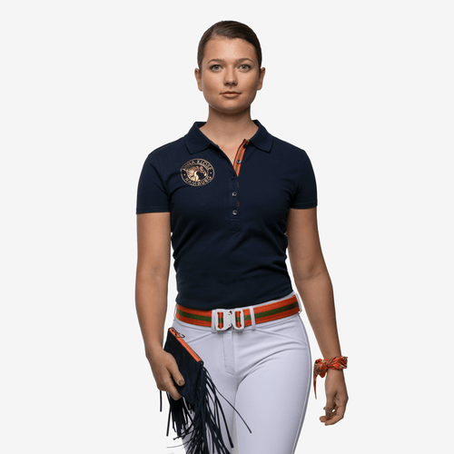 Luxurious dark blue polo shirt made of cotton with a golden logo from the brand Anna Klose Hamburg