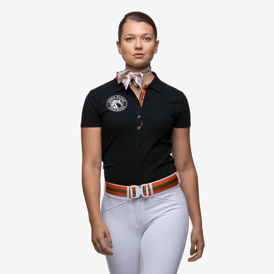 Luxurious black polo shirt made of cotton with a white logo from the brand Anna Klose Hamburg