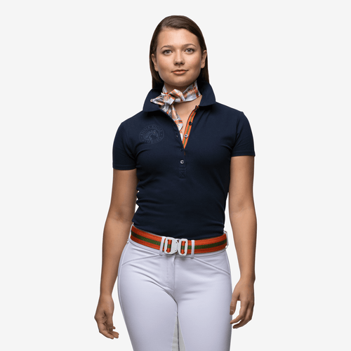 Luxurious dark blue polo shirt made of cotton with a blue logo from the brand Anna Klose Hamburg