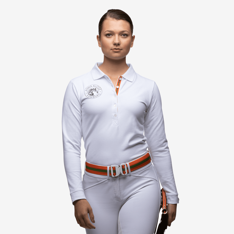Luxurious white long-sleeved polo shirt made of cotton with a black logo from the brand Anna Klose Hamburg
