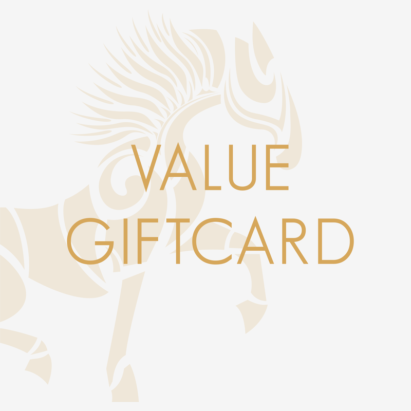 Anna Klose value gift card cover with logo horse and golden letters on white paper