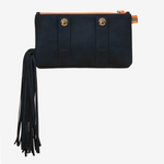 Luxury dark blue vegan leather belt bag with ponytail fringes and belt attachment loops and golden Anna Klose logo buttons