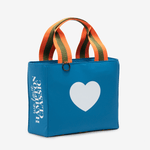 Horse riding equipment bag made of blue vegan leather with white heart and lettering